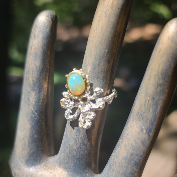 Opal & Sapphire Sterling & gold baby Octopus 🐙 ring sz7.5 - Picture 3 of 7